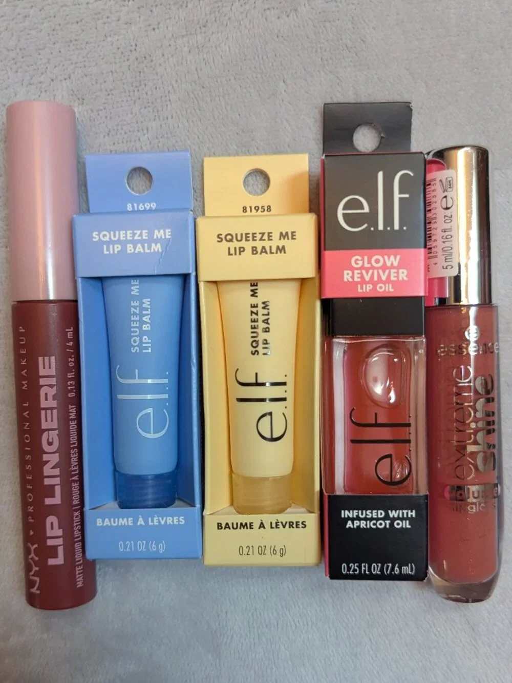 Sealed Lip Product Bundle: e.l.f. NYX & Essence - Lip Balm, Lip Oil, & Gloss Set